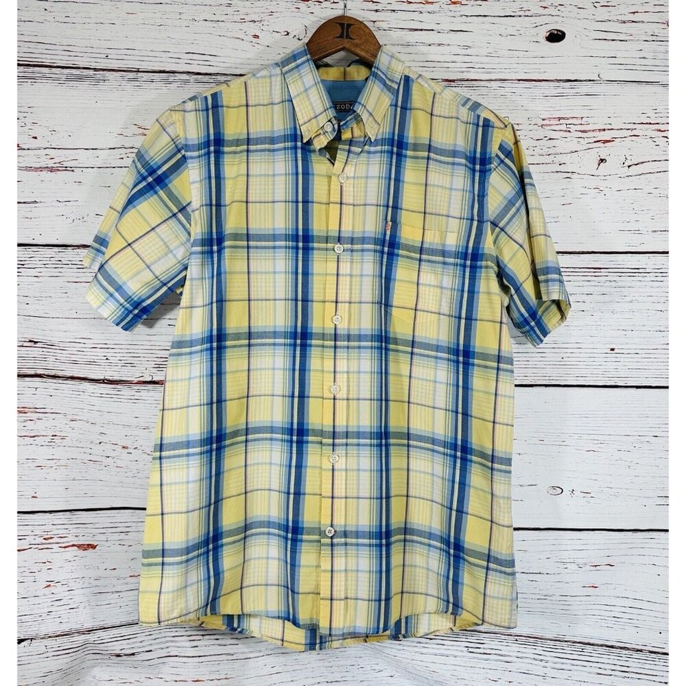 Izod Plaid Shirt Button Down Short Sleeve Mens Size Medium Classic Yellow Blue